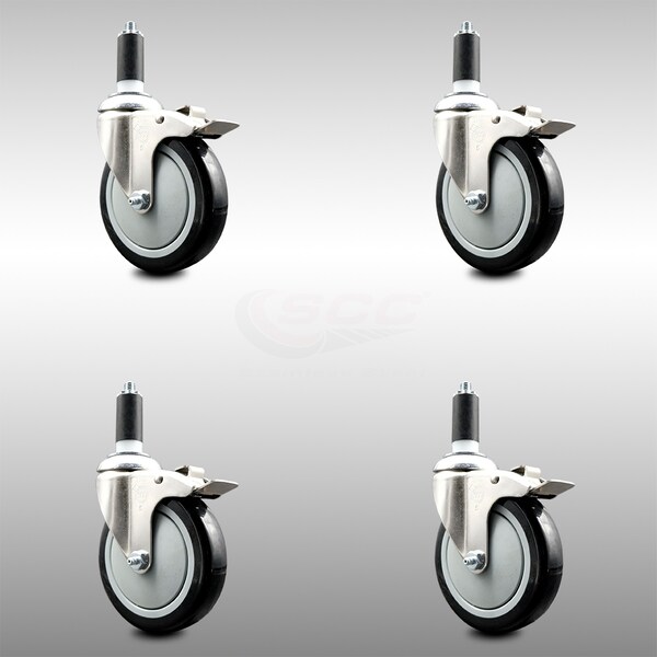 Service Caster 5 Inch 316SS Black Poly Swivel 1-1/4 Inch Expanding Stem Caster Set Lock Brake SCC-SS316TTLEX20S514-PPUB-BLK-114-4 - main